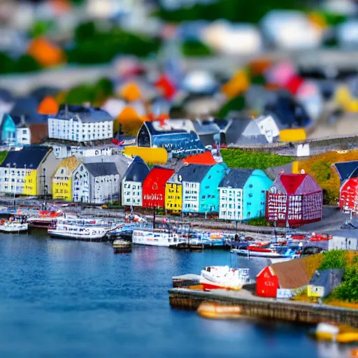 Image similar to isometric view of bodø in norway, miniature, tilt - shift, colorful, arctic