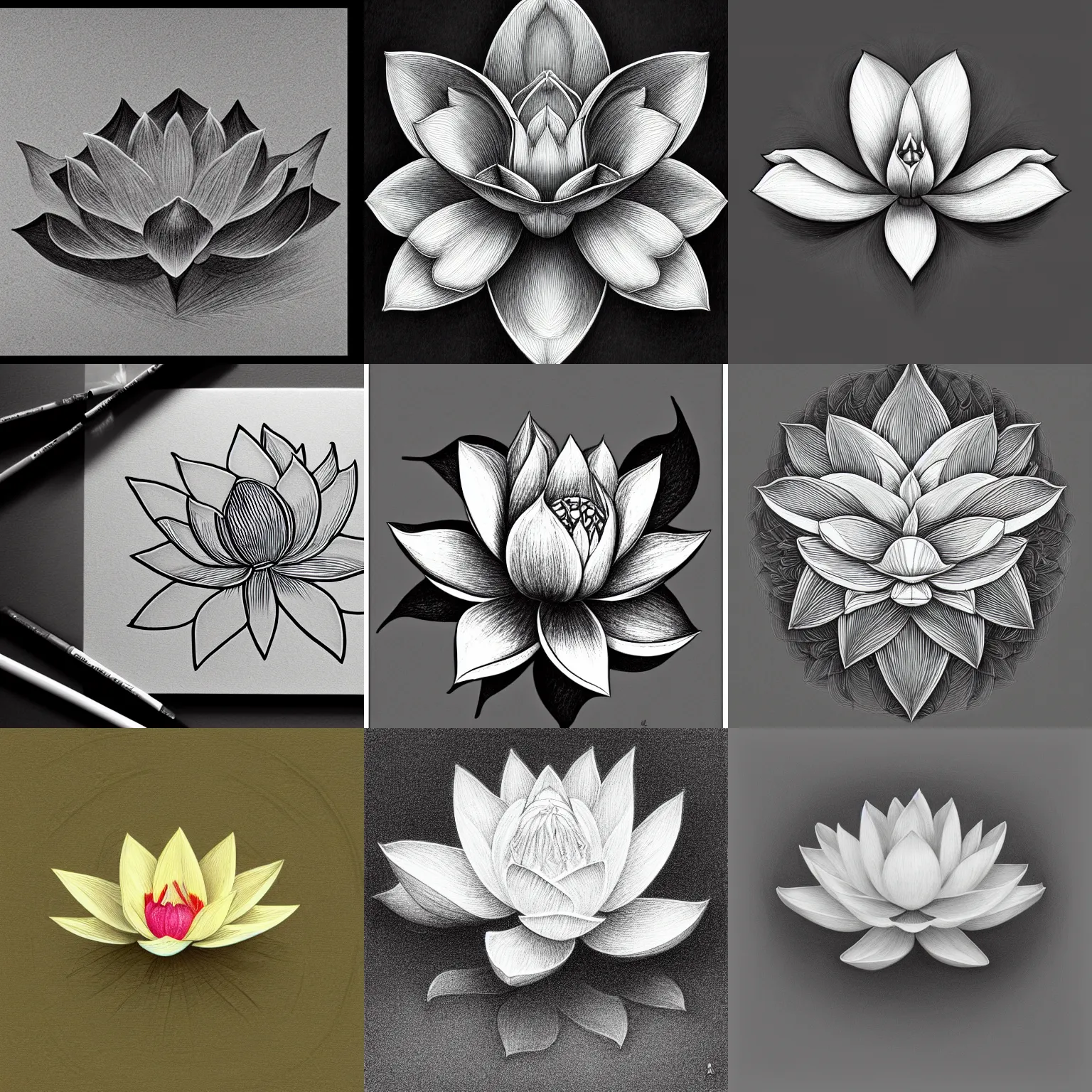 Prompt: beautiful aesthetic inspirational professional digital chalk skech of a lotus by m. c. escher, ultra detailed, fine details, trending on artstation, high quality paper