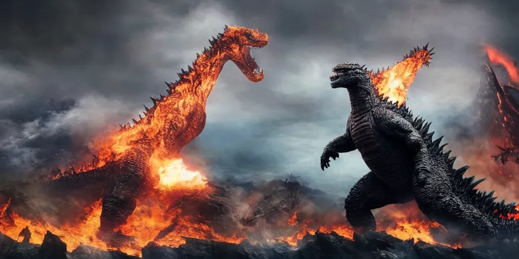 Image similar to photo of godzilla in a giant scale action movie battle, chaos and funny looking fases and body poses, debries, rubble, fire, special effects