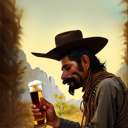 Image similar to illustration of a mexican man, missing one front teeth, with one small, dirt, wild west, with hat drinking a beer on train station, fantasy, intricate, elegant, highly detailed, digital painting, artstation, concept art, matte, sharp focus, art by aenaluck and roberto ferri and greg rutkowski, epic, juan caloto,