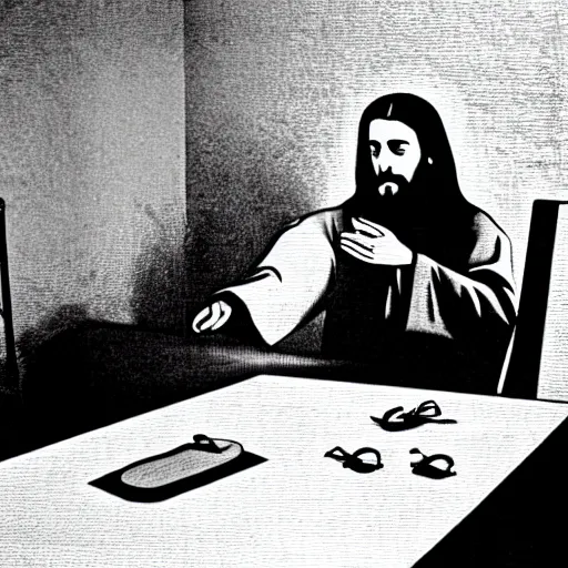 Image similar to Jesus failing a polygraph test, photography