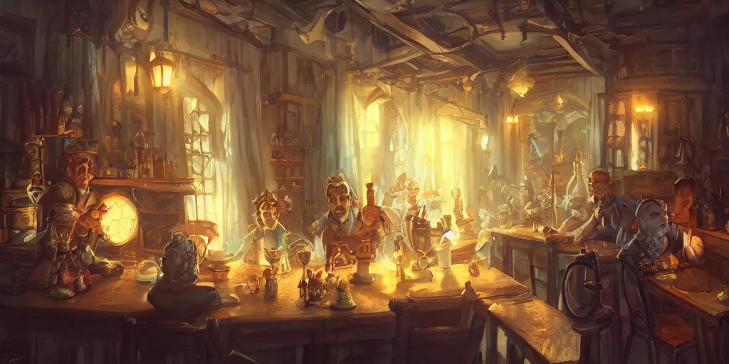 Image similar to tavern scene, cinematic, Victorian, by Tony Sart and Anato Finnstark, illustration, concept art, award winning on Artstation, deviantart