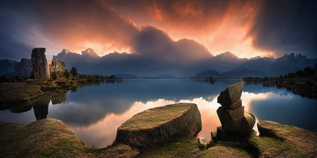 Image similar to amazing landscape photo of megalithic monolithic statue with lake at sunise by Marc Adamus beautiful dramatic lighting, surrealism