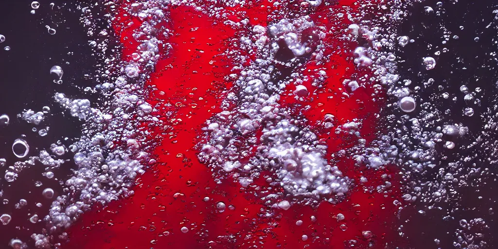 Image similar to scientific studio photograph of a clear water solution attempting to mix with red oil, with bubbles and unmerging layered systems. artstation hq, 8 k
