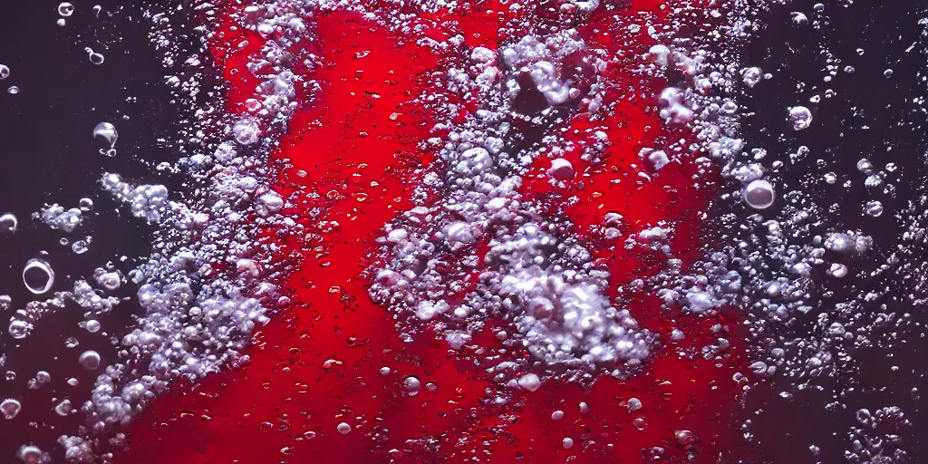 Prompt: scientific studio photograph of a clear water solution attempting to mix with red oil, with bubbles and unmerging layered systems. artstation hq, 8 k