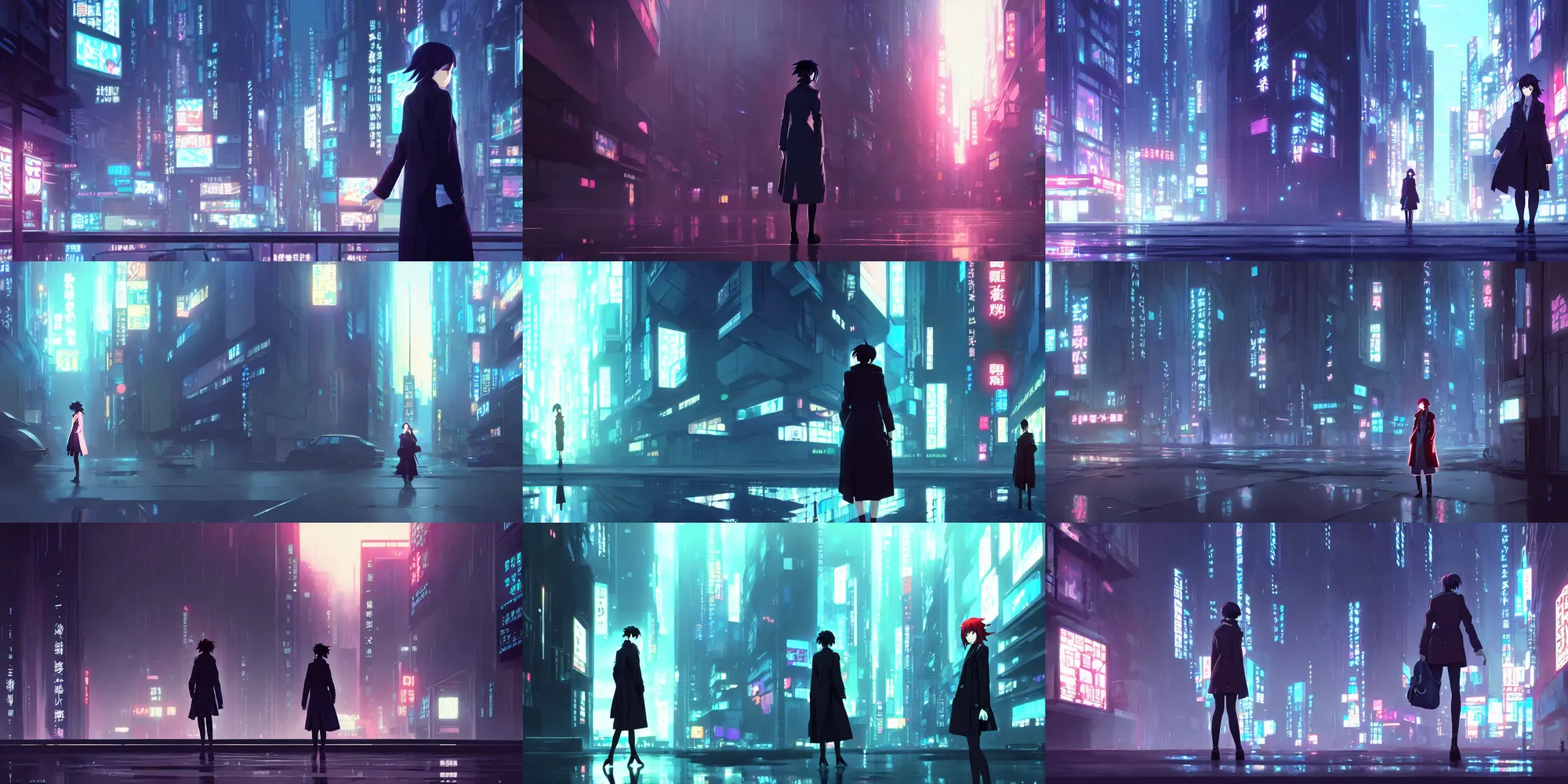 Prompt: a high definition screenshot from the detective ( noir ) cyberpunk anime film ; a lonely female ( detective ) in a trenchcoat investigates a dreamworld, digital painting by makoto shinkai and martin ansin, surrealism, trending on artstation