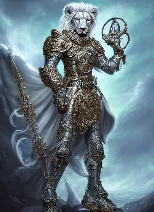 Image similar to anthropomorphized white lion paladin casting spell, heroic pose, concept art, insanely detailed and intricate, hypermaximalist, elegant, ornate, hyper realistic, super detailed, art deco, cinematic, trending on artstation, magic the gathering artwork