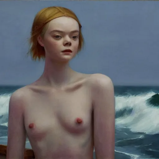 Image similar to Elle Fanning in a black robe holding a skull on the beach, head and shoulders portrait, stormy weather, extremely detailed masterpiece, Roger Deakin’s cinematography, oil on canvas, Edward Hopper,