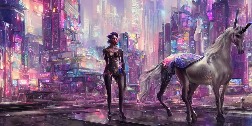 Image similar to unicorn in a futuristic cyberpunk town. By Konstantin Razumov, highly detailed