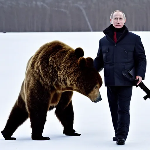 Image similar to vladimir putin riding a bear and holding a ak - 4 7