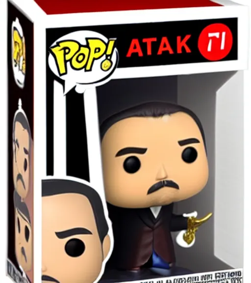 Prompt: NEW 'ataturk wearing fez' funko pop still sealed in box, ebay listing