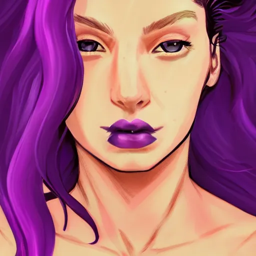 Prompt: a stunning upper body portrait of a beautiful woman with purple hair and pink highlights blowing in the wind by marvel comics, digital art, trending on artstation