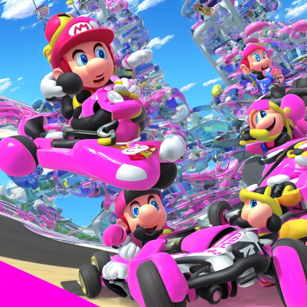 Image similar to race as pink fong in mario kart 8 deluxe