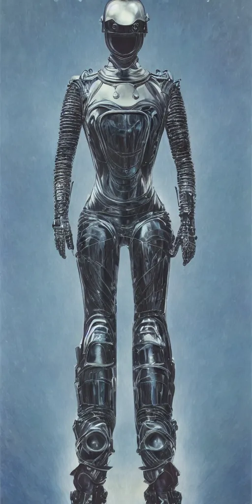 Image similar to full body portrait of beautiful gothic and futuristic fashion model, elegant space armour, cyber armour, highly detailed, artstation, illustration, composition, 8 k quality, art by jean delville, rene magritte, hyperrealism oil painting