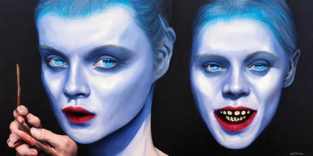 Image similar to with malice, your blue skin, with malice, your blue eyes, with malice, your, white smile with malice, your whole body, at last, with malice, with malice, will it be when i stay awake thinking of her, does she think a little about me? painting by gottfried helnwein david normal masterpiece pablo amaringo