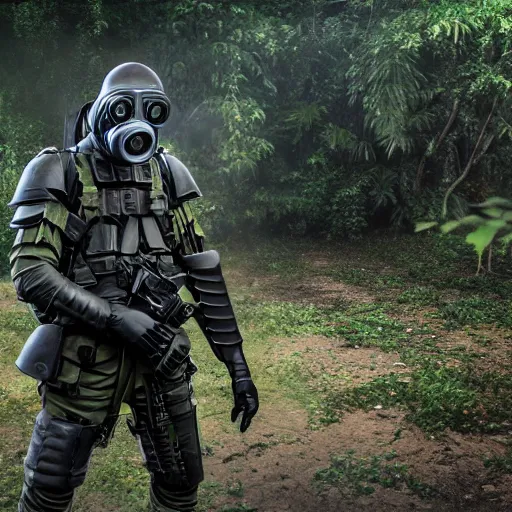 Image similar to a heavily armored man wearing a gasmask, in the jungle, realistic octane render, high detaul