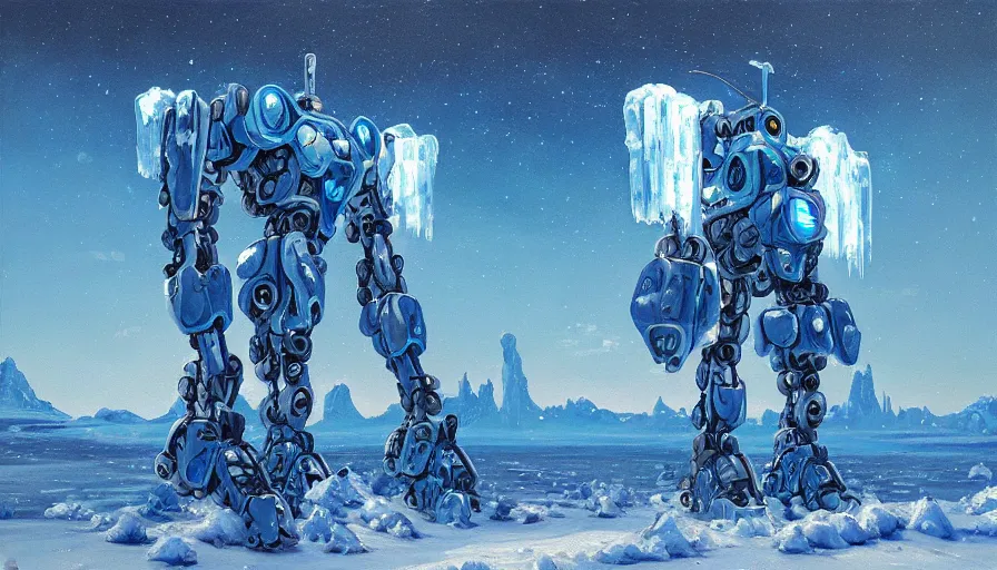 Image similar to an intricate oil painting of a giant pristine icey blue metal anime humanoid mecha with rounded components by simon stalenhag, icey tundra background