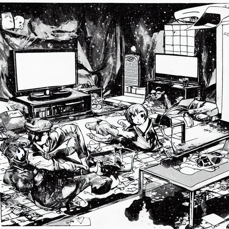 Image similar to manga illustration of teenager playing video games inside creepy 1 9 8 0's living room basement.