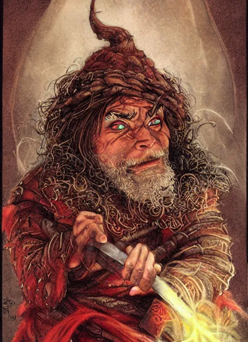 Prompt: portrait of dwarf sorcerer, beautiful! coherent! dungeons and dragons character, by brian froud, larry elmore, gerald brom, ralph horsley, wayne reynolds, strong line, deep color, chainmail, short red hair, high contrast