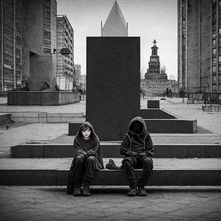 Image similar to sadie sink in hoodie sits on bench in a square, pedestrians walk by. background of old soviet monument and pedestrians. storyboard, scifi cyberpunk. by gabriel hardman, joe alves, chris bonura. cinematic atmosphere, detailed and intricate, perfect anatomy