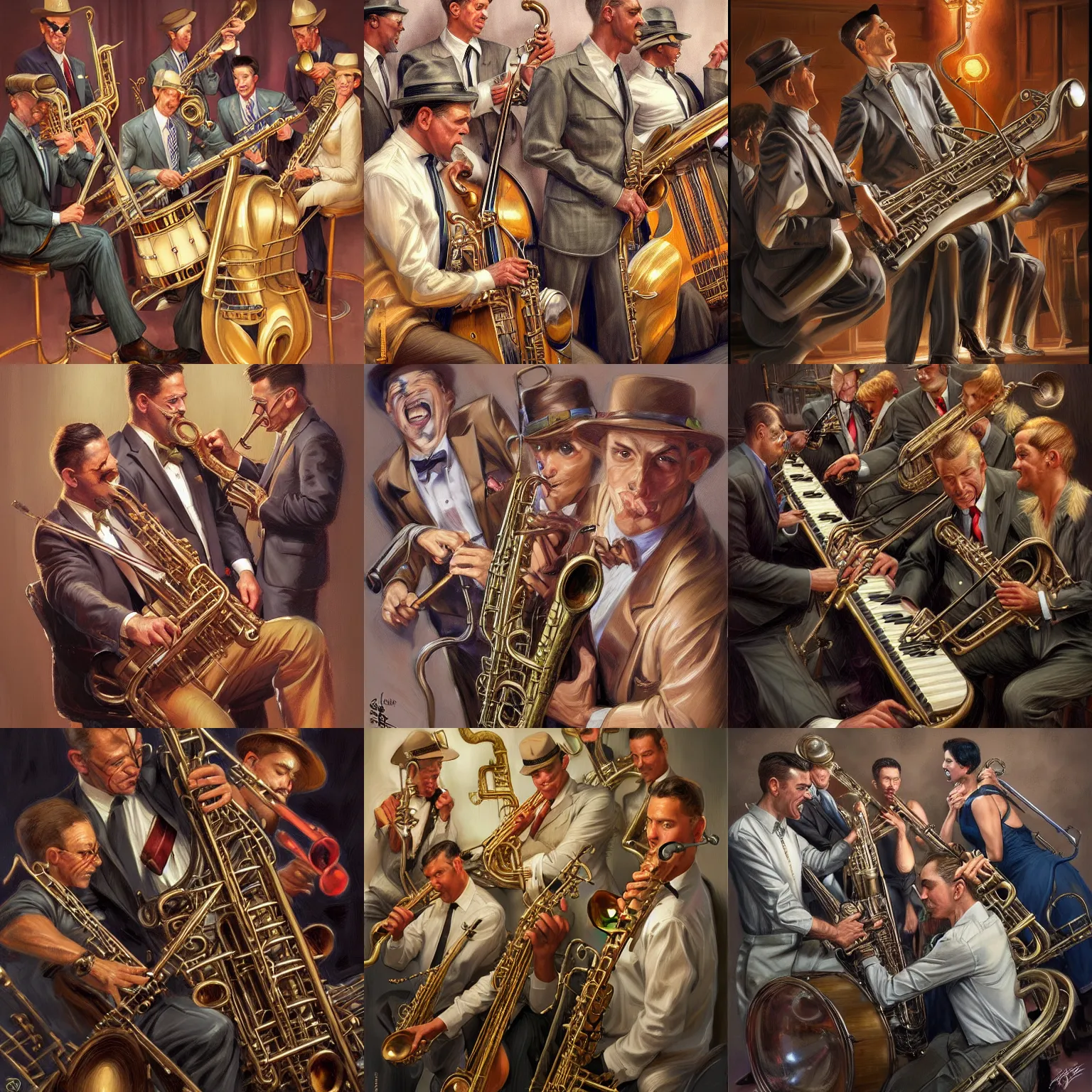 Prompt: rat vintage jazz band, intricate, elegant, highly detailed, centered, digital painting, artstation, concept art, smooth, sharp focus, illustration, artgerm, donato giancola, Joseph Christian Leyendecker, WLOP, Boris Vallejo, Artgerm