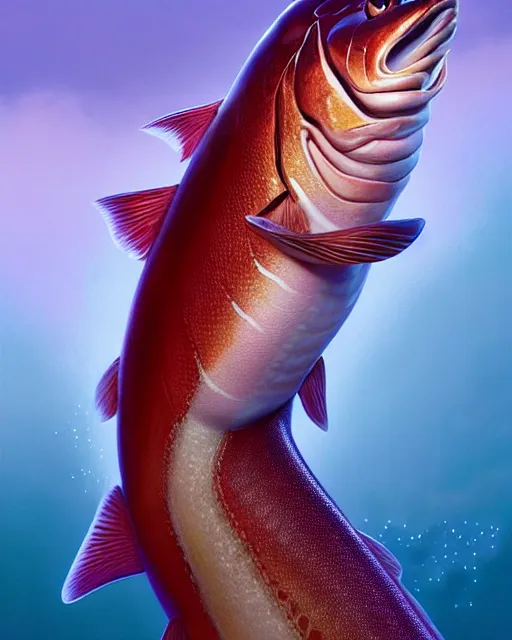 Prompt: disney pixar portrait 8 k photo of a king salmon : : by weta, greg rutkowski, wlop, ilya kuvshinov, rossdraws, artgerm, annie leibovitz, rave, unreal engine, alphonse mucha : :