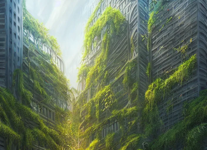 Image similar to overgrown foliage overtaking tall buildings, underwater environment, storefronts, sand, scenery, professional, award - winning, trending on artstation, hyper detailed, realistic, beautiful, emotional, shiny, golden, picture