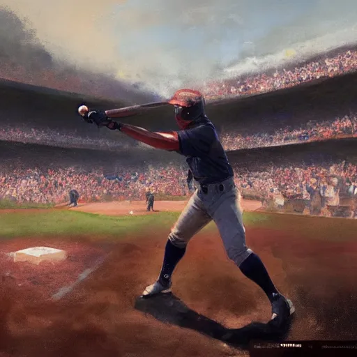 Image similar to baseball player hitting the ball with the baseball bat in the middle of the game and in front of everyone in the stadium, james gurney painting style, greg rutkowski, artstation