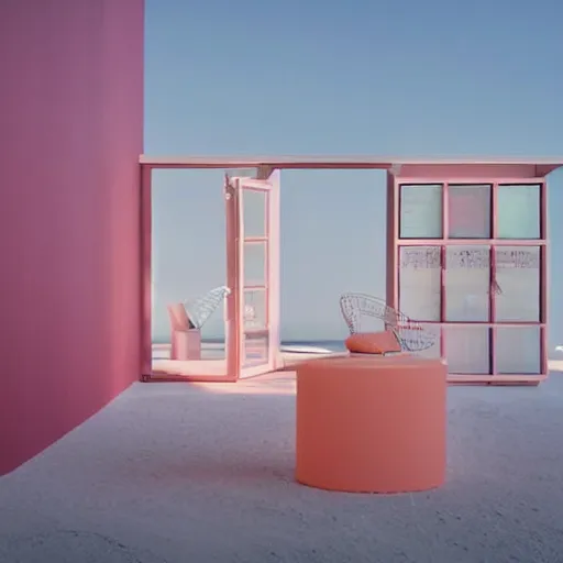 Prompt: An ultra high definition, professional photograph of an outdoor partial IKEA showroom inspired sculpture located on a pastel pink beach ((with pastel pink, dimpled sand where every item is pastel pink. )) The sun is deep orange and can be seen rising through a window in the showroom. The showroom unit is outdoors and the floor is made of dimpled sand. The showroom unit takes up 20% of the frame. Morning time indirect lighting with on location production lighting on the showroom. In the style of wallpaper magazine, Wes Anderson.