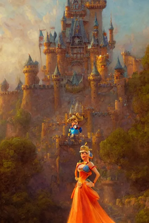 Image similar to a portrait of super mario in front of peach's castle, by gaston bussiere, by mandy jurgens and bayard wu and greg rutkowski, cinematic lightning