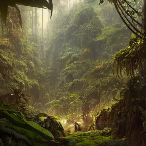 Image similar to cinematic shot of a sci-fi jungle made of trees and animals digital painting, artstation, concept art, soft light, hdri, smooth, sharp focus, illustration, fantasy, intricate, elegant, highly detailed, D&D, matte painting, in the style of Greg Rutkowski and Alphonse Mucha and artemisia, 8k, highly detailed, jurgens, rutkowski, bouguereau, pastoral, rustic, georgic