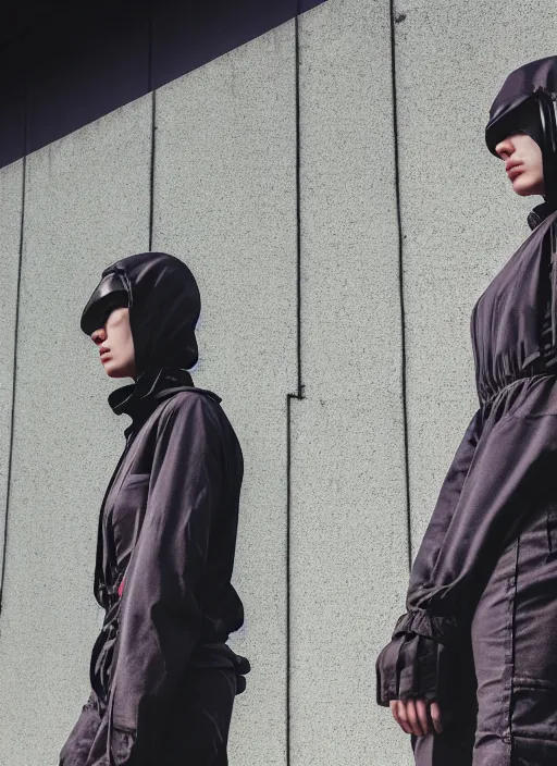 Image similar to cinestill 5 0 d photographic portrait of two clones standing in front of a brutalist metal building, techwear women on a desolate plain, closeup, depth of field, 4 k, 8 k, hd, full color