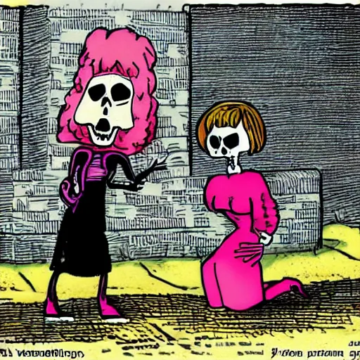 Image similar to velma tells off a confused skeleton, cartoon