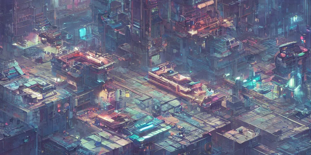 Prompt: isometric view of a cyberpunk factory filled with drone workers, busy, grimy, gritty, blade runner 2 0 4 9, trending on artstation, award winning painting, art by john berkey and anton fadeev and john howe and simon stalenhag