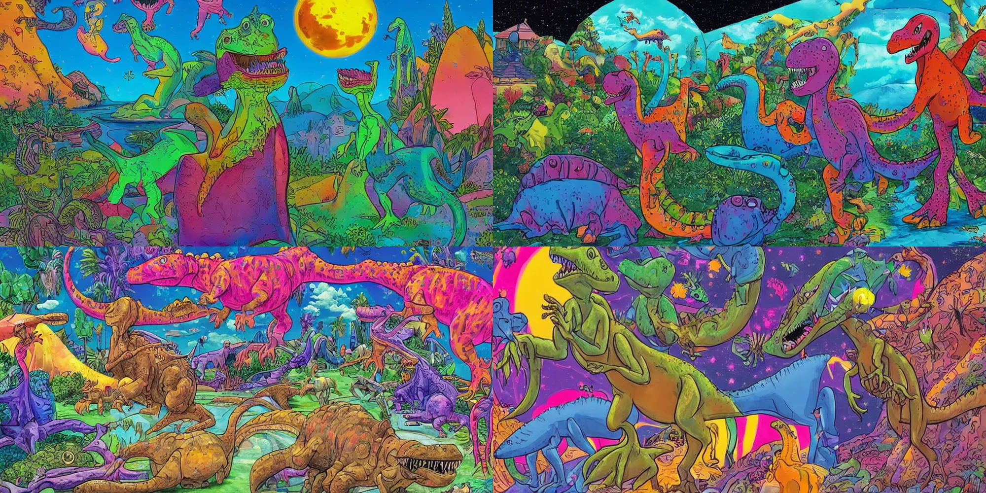 Prompt: michael garfield expectorates yet another gooey vaguely confusion of backwardlooking dinosaur figure, ground with entirely too much autodidactic lisa frank and not nearly enough art school, hyperdetailed posthuman scifi landscape, extraneous ufos