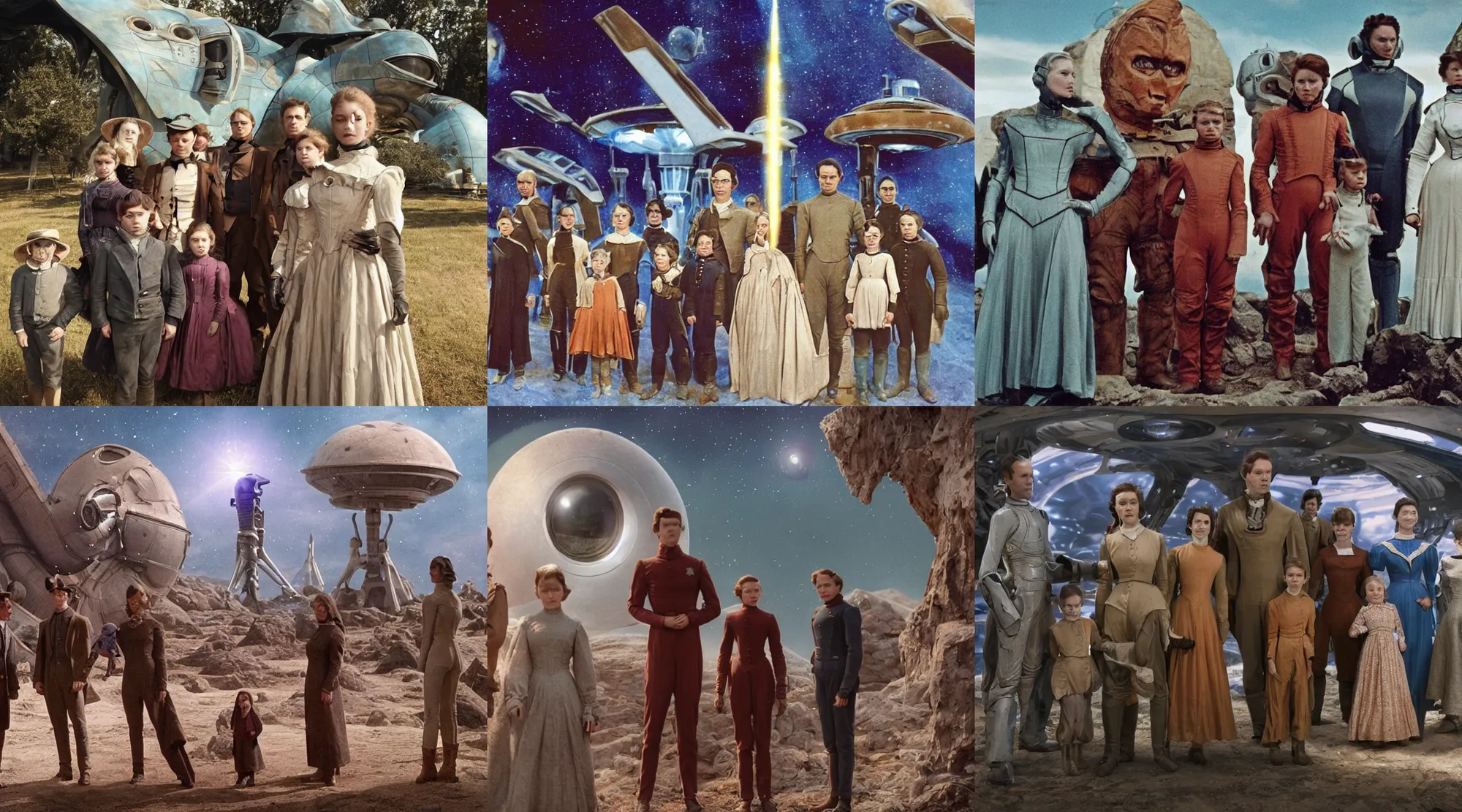 Prompt: 256k film still from a sci fi blockbuster color movie made in 2022, set in 1860, of a family standing in front of a spaceship that has just landed on an alien planet, a humanoid alien creature stands nearby, the family are all wearing 1850s era clothes, cinematic lighting, human faces, extremely good lighting, winner of seven oscars