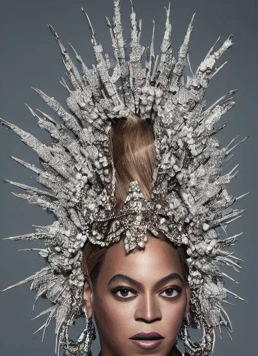 Prompt: photo of beyonce styled by nick knight posing, intricate headpiece, showstudio, vogue magazine, 2 0 2 0, canon, highly realistic. high resolution. highly detailed. dramatic. 8 k. 4 k. zeiss lens, canon eos, cinematic lighting, photography, film still