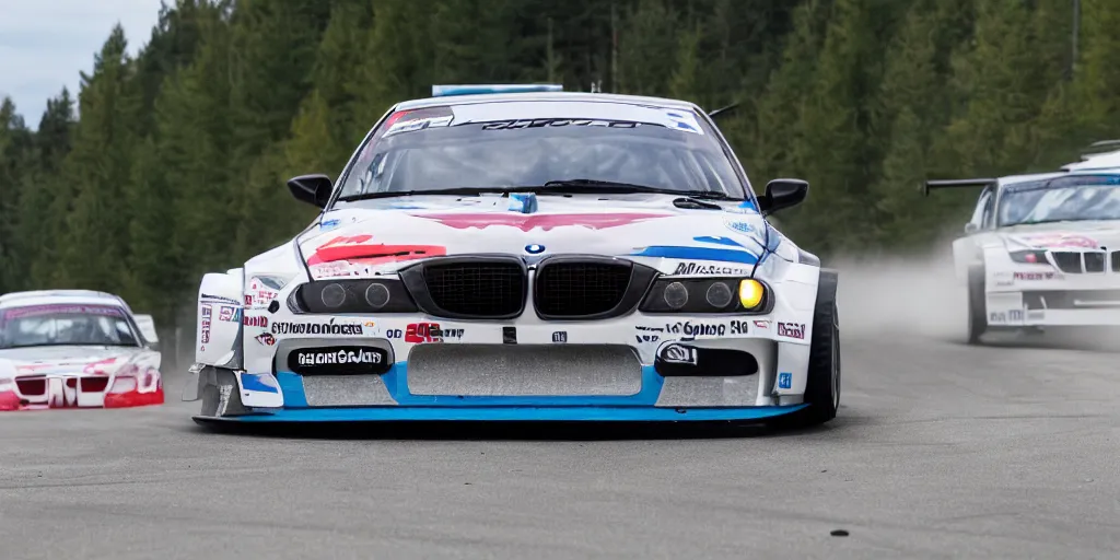 Prompt: sasquatch hanging out the window of a bmw drift car