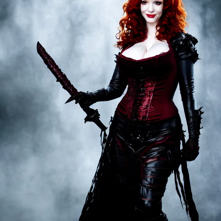 Prompt: full body photograph of christina hendricks as a vampire warrior, Extremely detailed. 8k