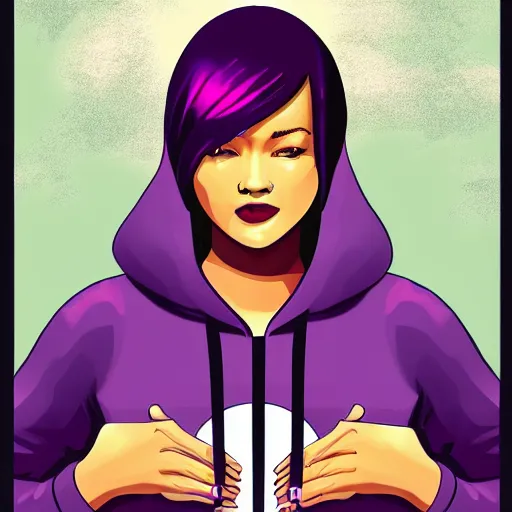 Image similar to poster artwork, sci fi, a female, full body, black hoodie techie, black hair with purple streaks, 8 k