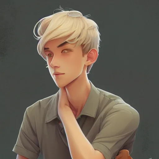 Image similar to young man with short, ash blond greyish hair, light brown eyes, casual clothes, relaxing, happy, path traced, highly detailed, high quality, digital painting, by don bluth and ross tran and studio ghibli and alphonse mucha, sylvain sarrailh, beautiful details