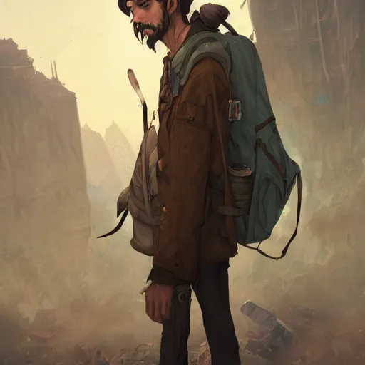 Image similar to character concept art of a hobo with rucksack, key visual, realistic shaded perfect face, fine details, dystopian environment and background, by stanley artgerm lau, wlop, rossdraws, james jean, andrei riabovitchev, marc simonetti, and sakimichan, trending on artstation in disco elysium