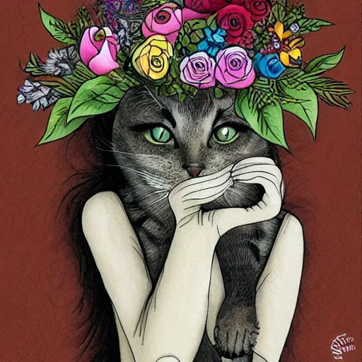 Image similar to cat smelling flowers, in the style of chiara bautista