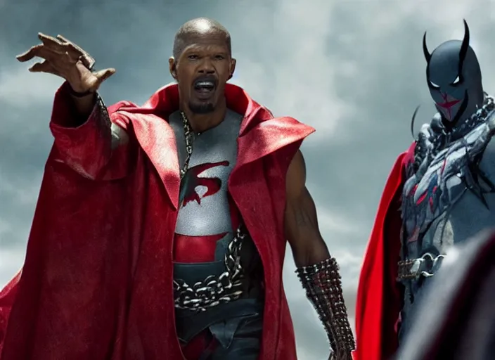 Image similar to film still of jamie foxx as spawn in the new spawn movie, giant chains, large cape, 8 k