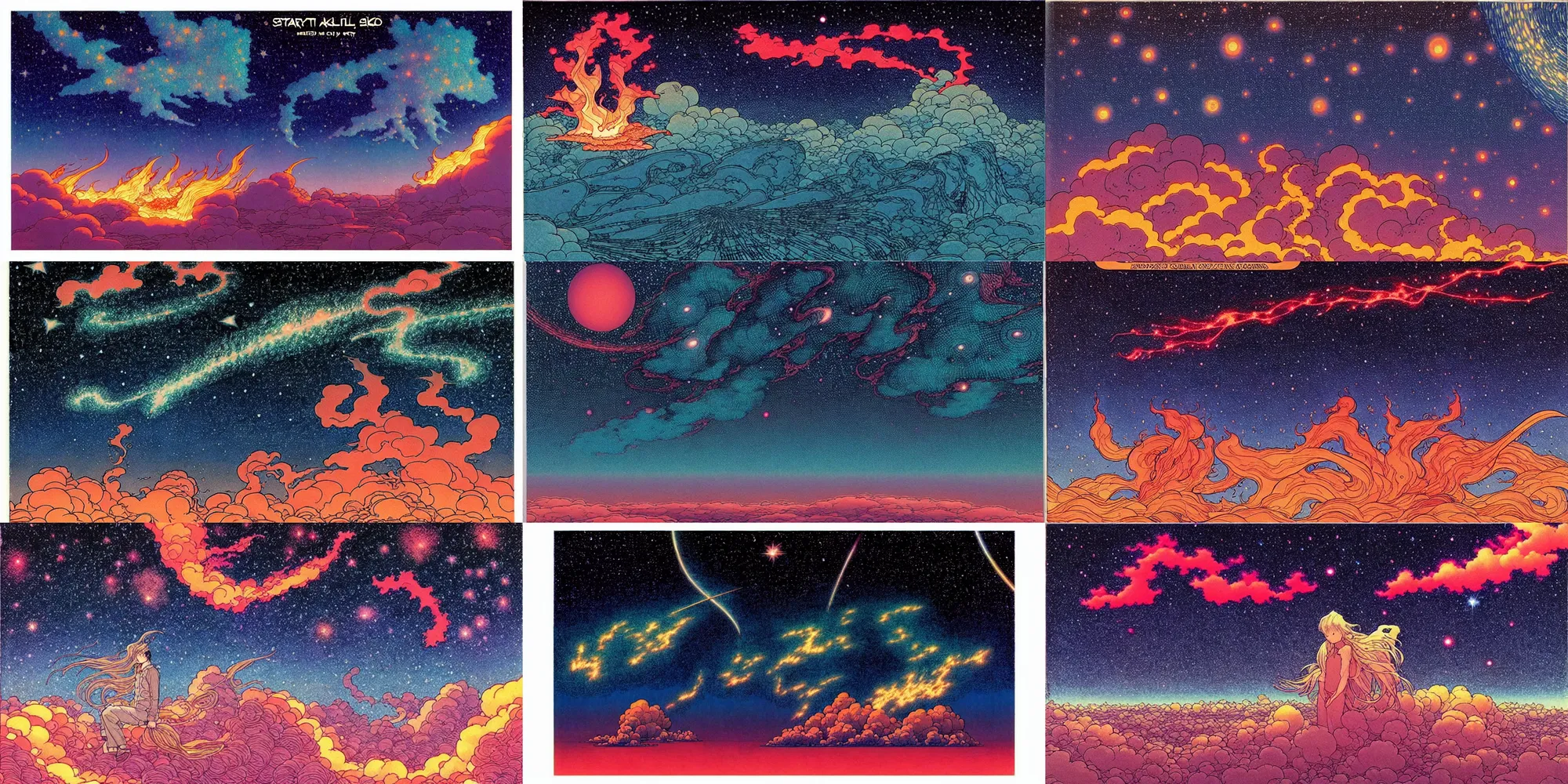 Prompt: ( ( ( ( ( beautiful starry sky and fire and cloud ) ) ) ) ) by mœbius!!!!!!!!!!!!!!!!!!!!!!!!!!!, overdetailed art, cd jacket