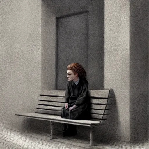 Prompt: sadie sink in oversized school uniform. waits on a bench | a bench along a wall. next to a door. in an office building. concept art for scifi dystopian film. by nikolay makovsky, bob byerley, wadim kashin, andrea kowch. cinematic moody atmosphere, detailed and intricate, perfect anatomy