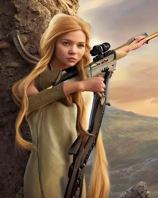 Image similar to disney princess with long blonde hair vs long barreled 9 0 sniper rifle : : weta disney pixar movie still photo : : hi - fructose, decadent highly - detailed digital painting, golden ratio, octane render, artstation, smooth, sharp focus, artgerm, mucha, loish, wlop