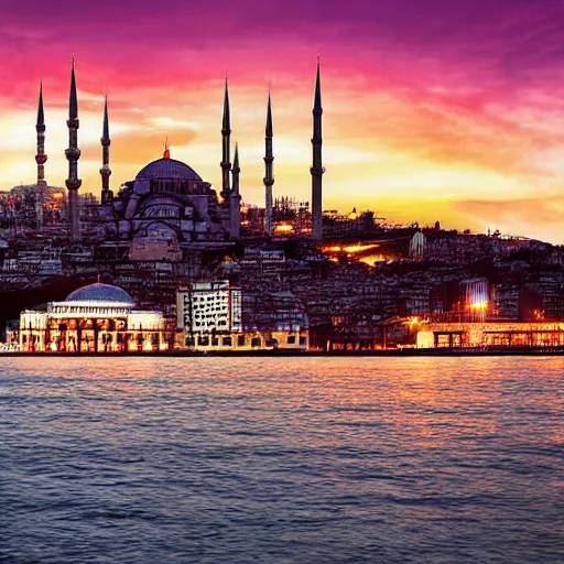Image similar to skyline of istanbul at sunset, digital art