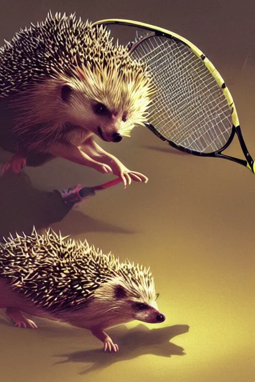 Image similar to A hedgehog playing tennis. colorlpunk art and illustration by tian zi and craig mullins and WLOP and alphonse mucha, fantasy, intricate complexity, hyperrealism 8k