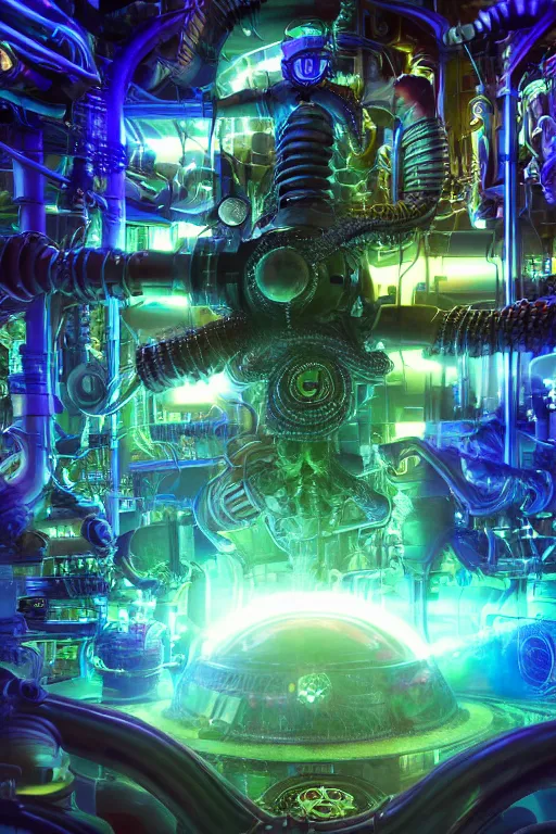 Image similar to portrait of humongous cyberpunk octopus, symmetric, body full glowing vacuum tubes, realistic digital art, 3 d render of futuristic steampunk generators inside a huge steampunk engine, 8 k, fluorescent colors, halluzinogenic, multicolored, exaggerated detailed, unreal engine